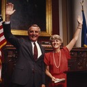 Walter Mondale and Geraldine Ferraro waving.